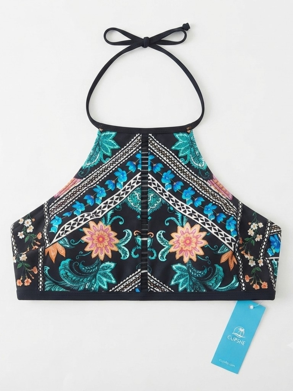 Cupshe Black Paisley Floral Swimwear Top with Teal and Orange Accents XS - Picture 1 of 10